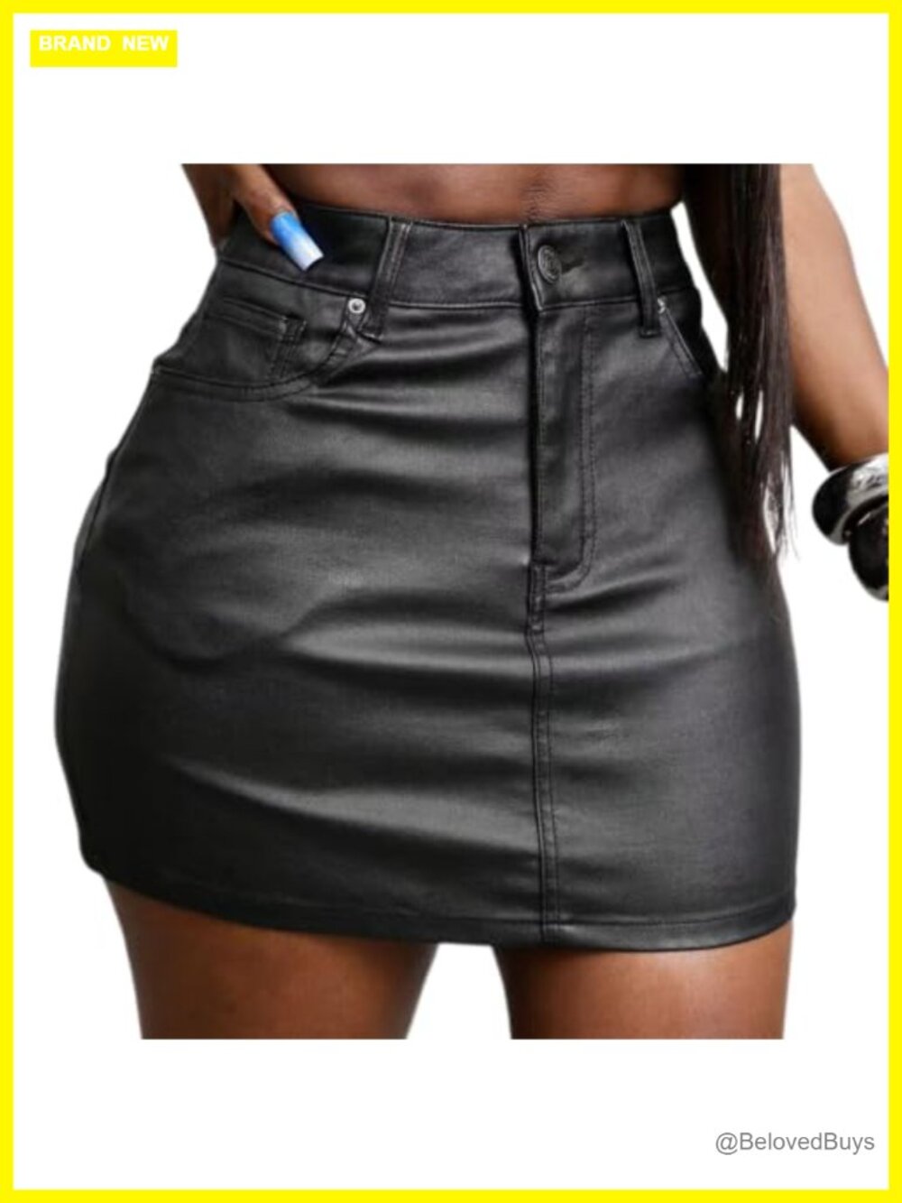 Faux Leather Bodycon Mini Skirt with Pockets Mid Waisted Stretchy Party